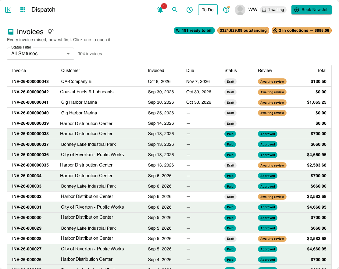Sitehound Dispatch invoices list