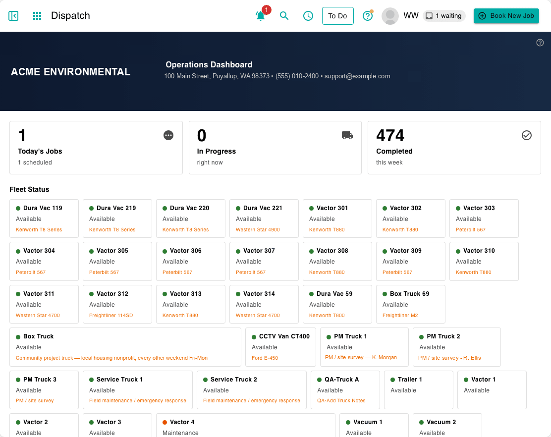 Sitehound Dispatch operations dashboard with fleet status