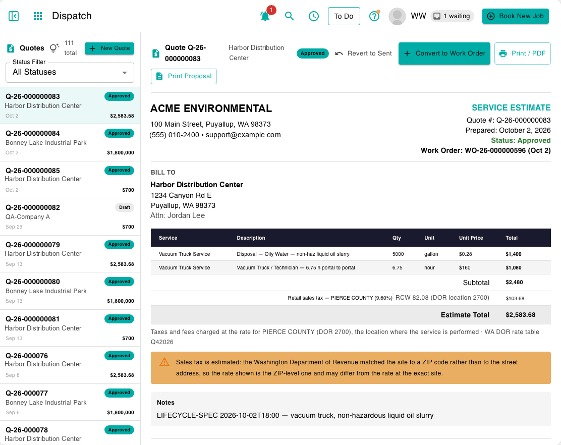 Sitehound Dispatch service estimate with convert to work order