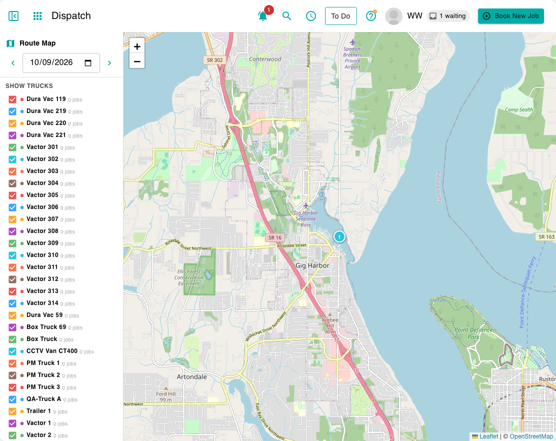 Sitehound Dispatch route map showing trucks and stops