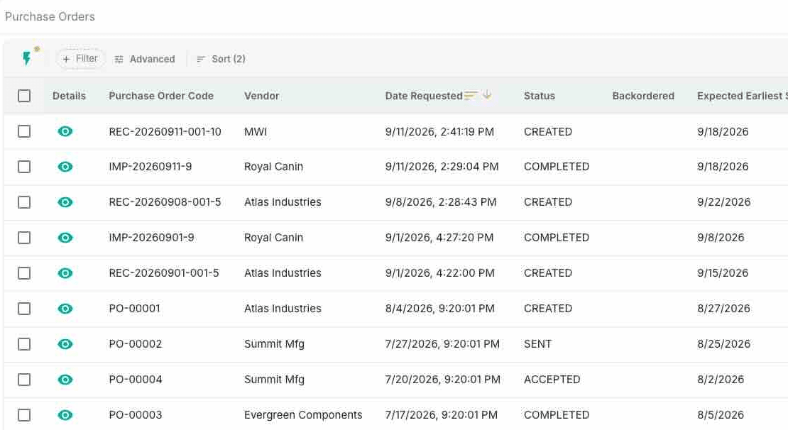 Sitehound Vet purchase orders list