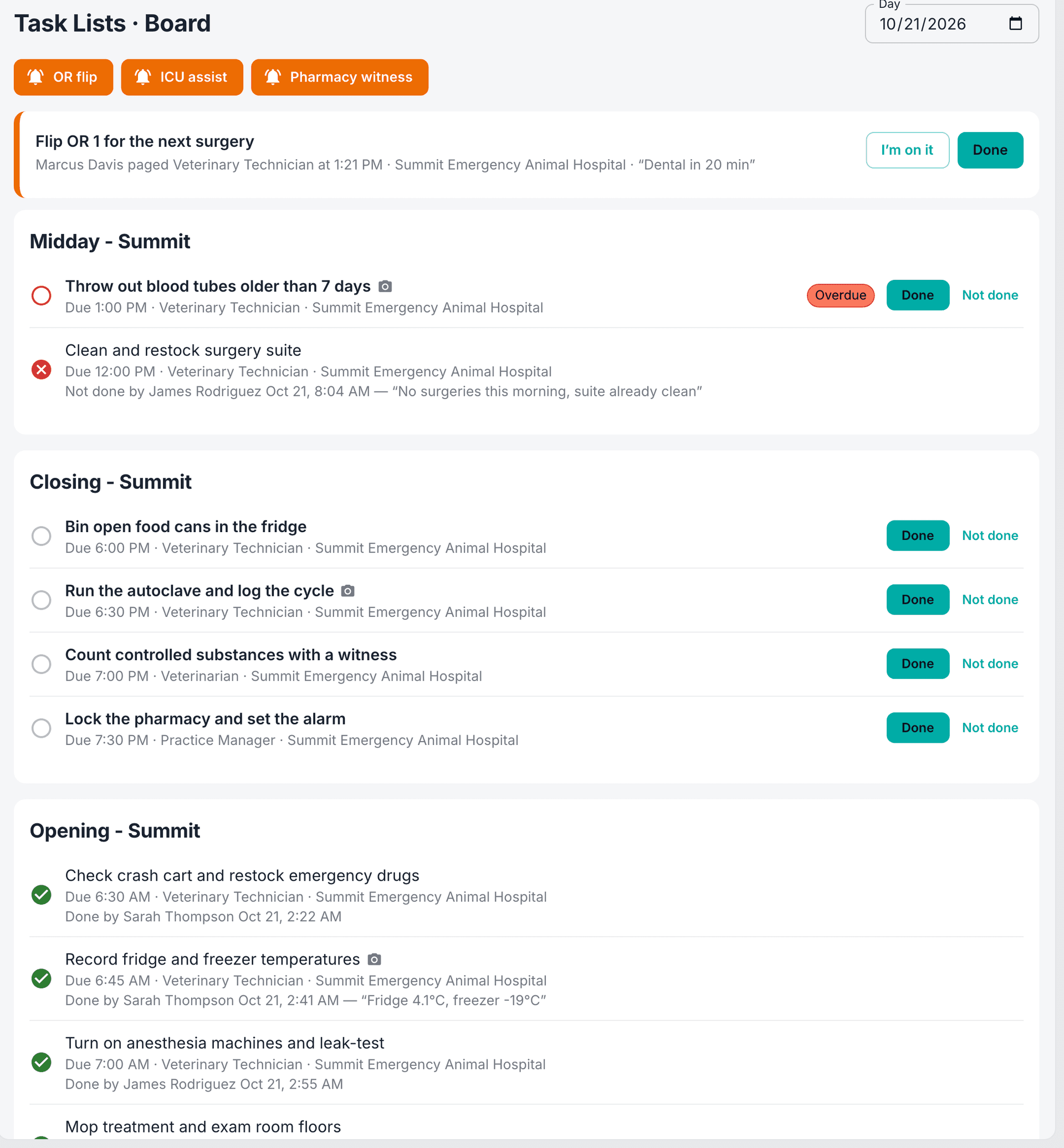 Sitehound Vet Tasks board with page buttons, a live OR flip page, an overdue task and a task marked not done with a reason