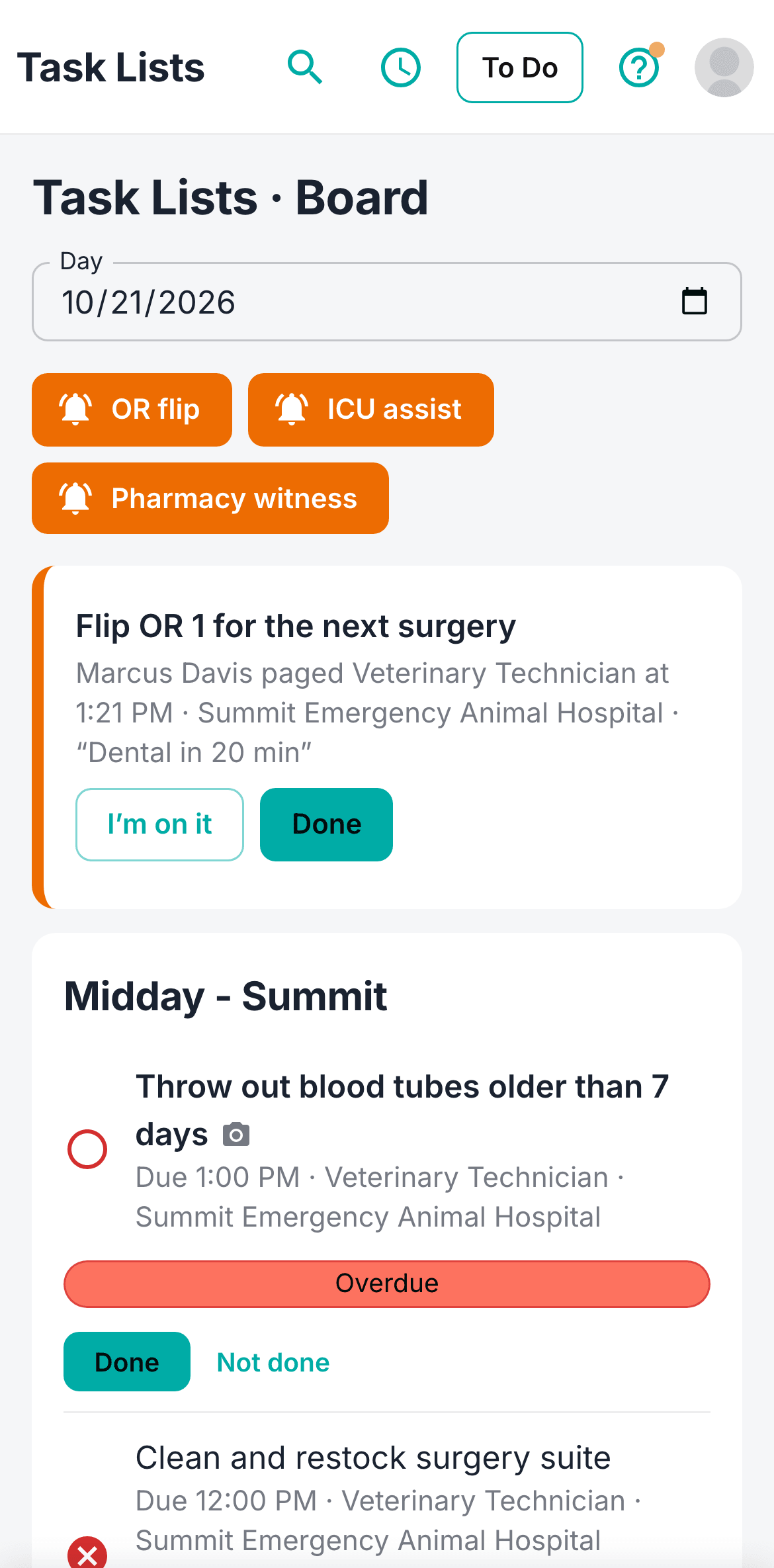 Sitehound Vet Tasks board on a phone, showing an OR flip page and the day's checklist